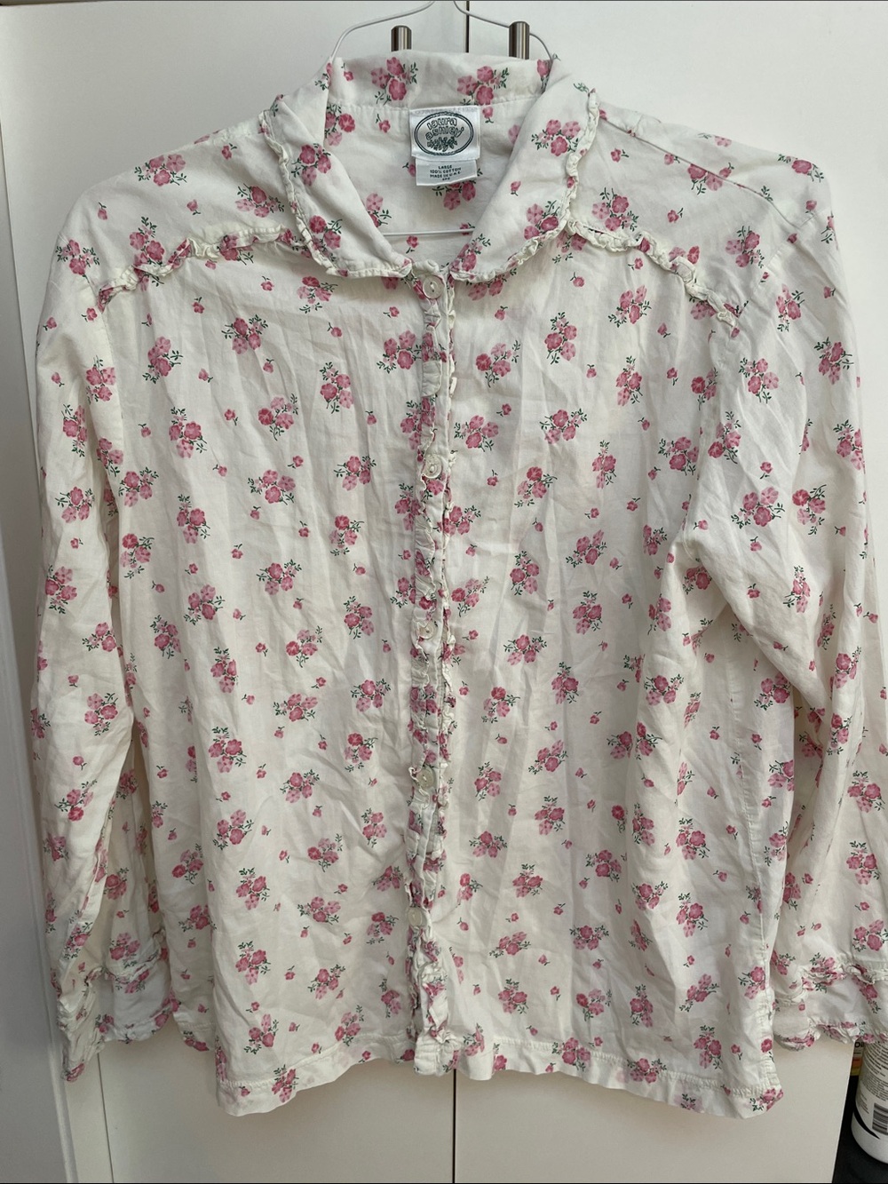 Laura Ashley White Cotton Blouse with Pink Floral Print